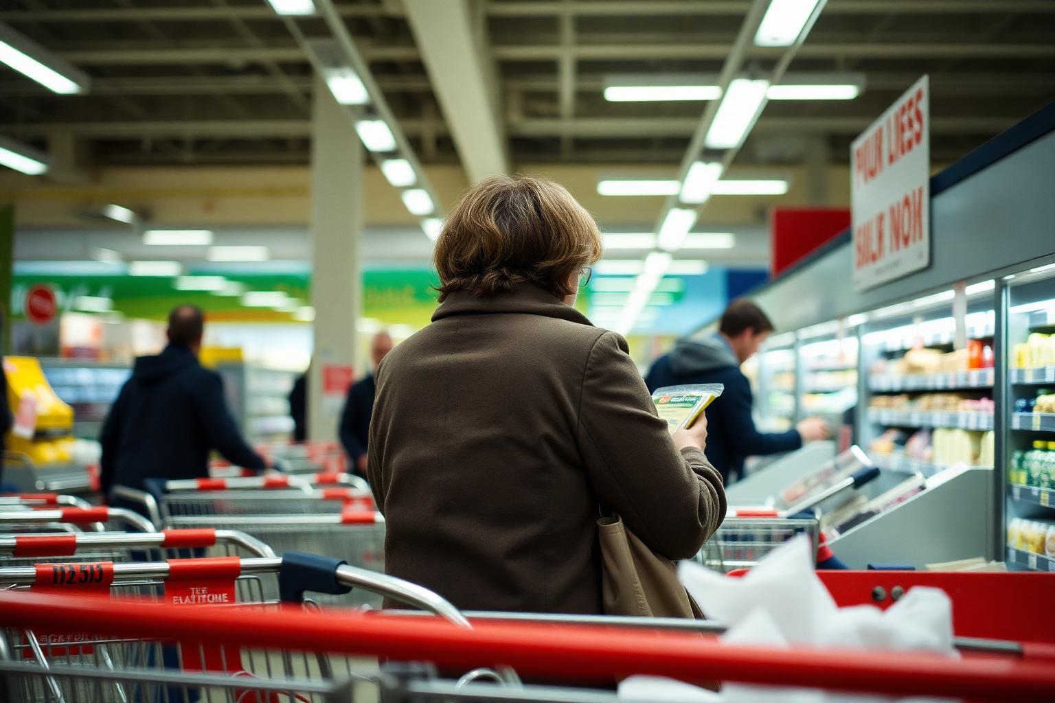 A woman shopping in a supermarket aisle on a weekday evening after work