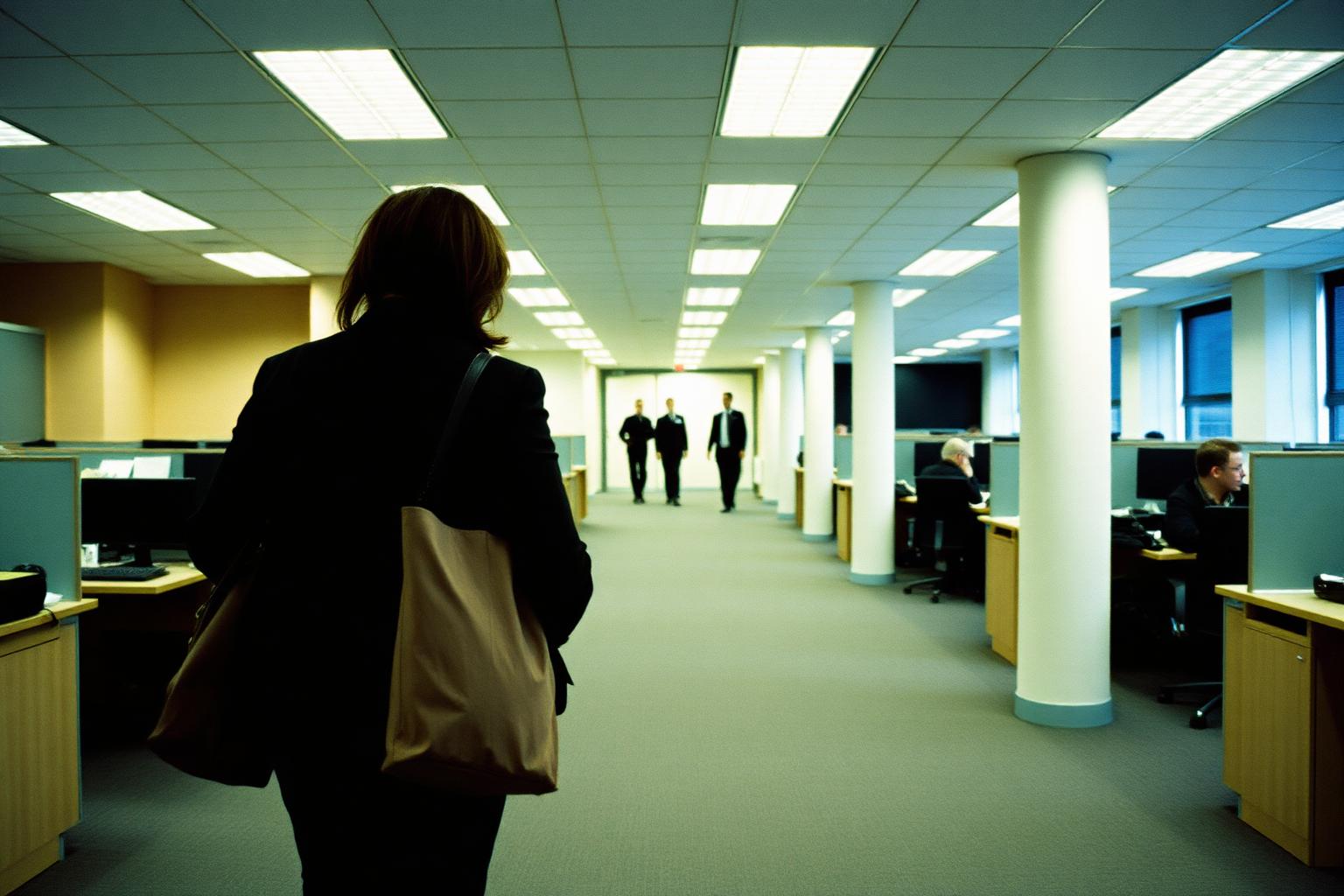 A person in their early thirties leaving an office in the early evening while colleagues stay at their desks