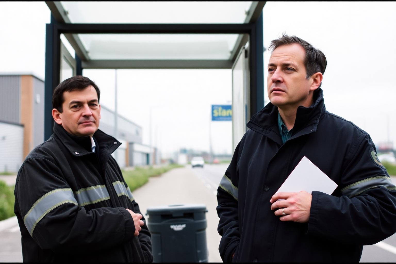 Two men in their late thirties waiting apart at a bus stop outside an industrial estate, one holding a folded letter