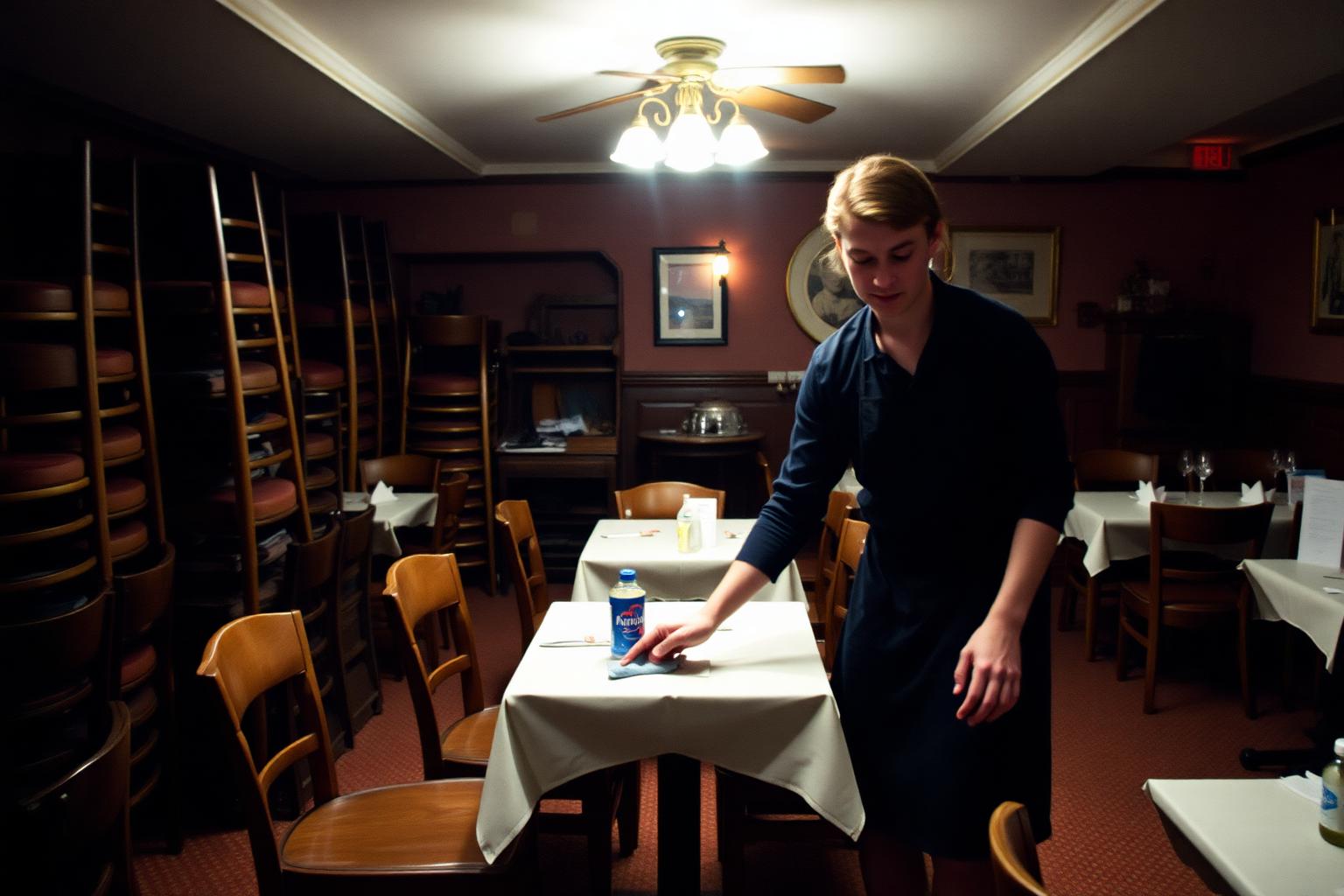 A hospitality worker in her mid twenties re-wiping a table alone in a closed restaurant, chairs partly stacked