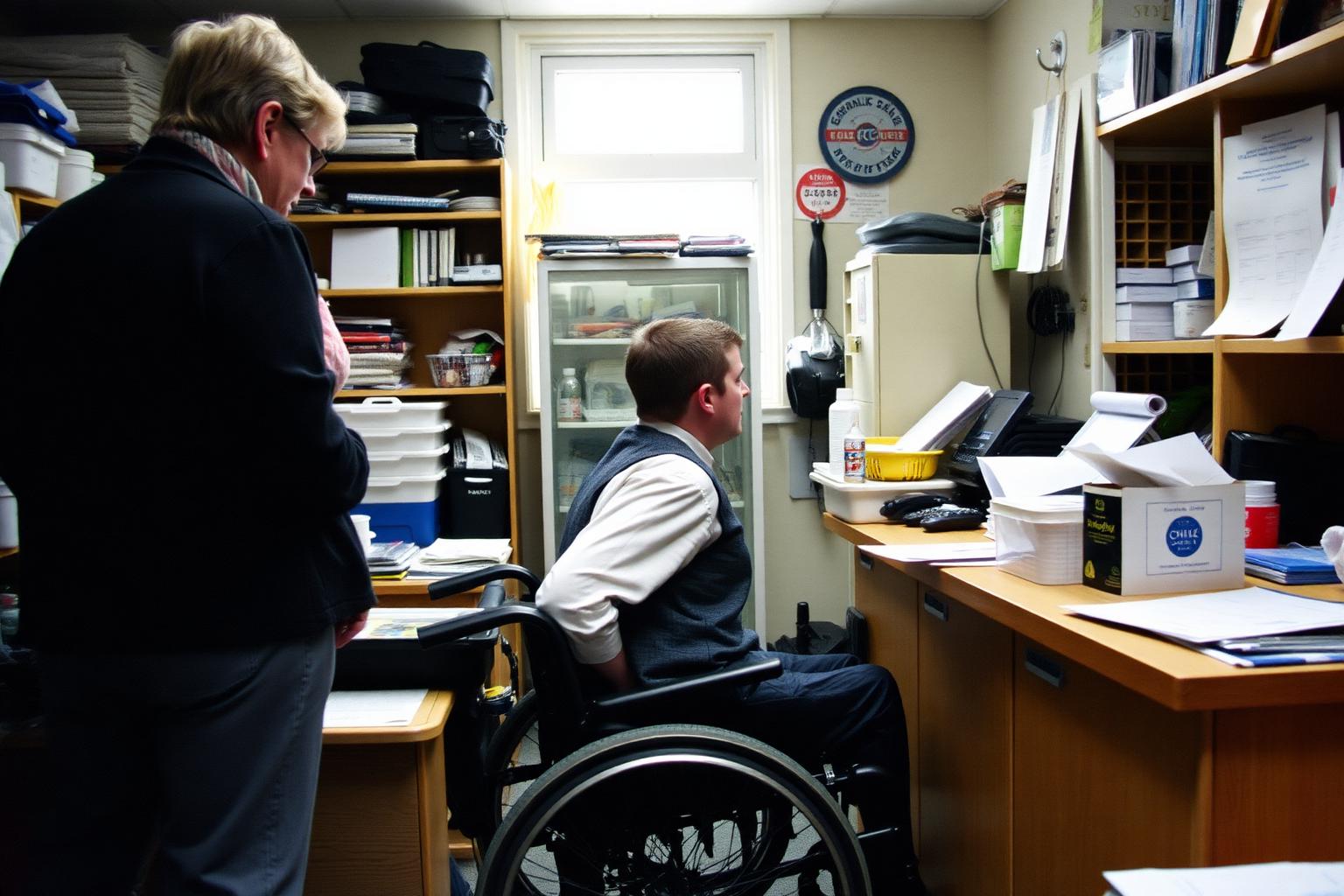 A man in his thirties who uses a wheelchair working at the counter of a cluttered community office