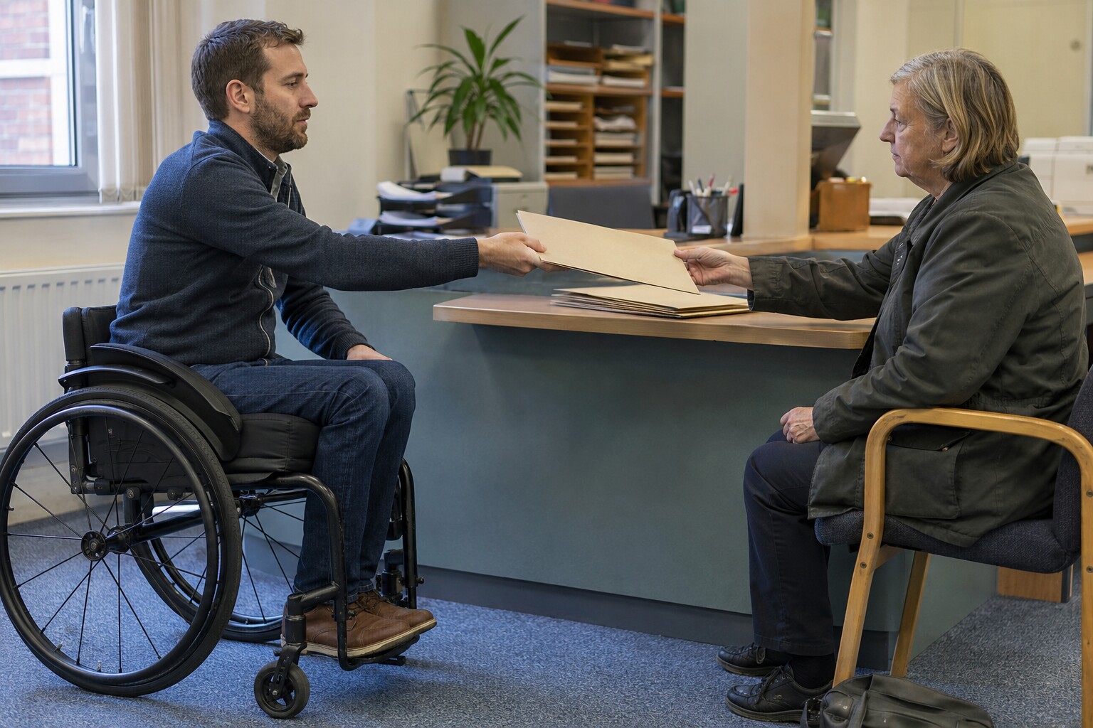 A man in his thirties who uses a wheelchair working at the counter of a cluttered community office
