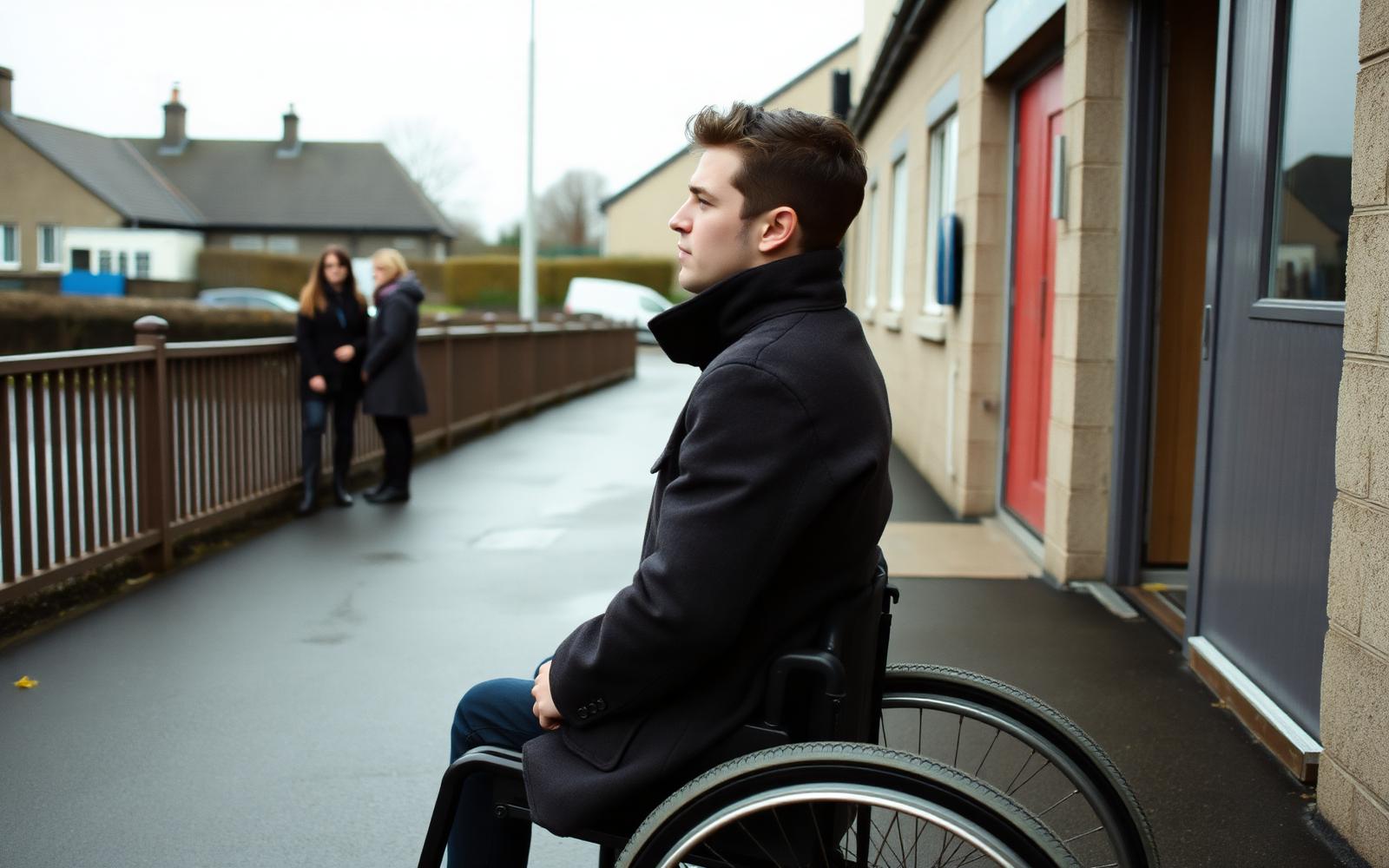 A father in his thirties who uses a wheelchair waiting at a school gate in a small Scottish town at pick-up time