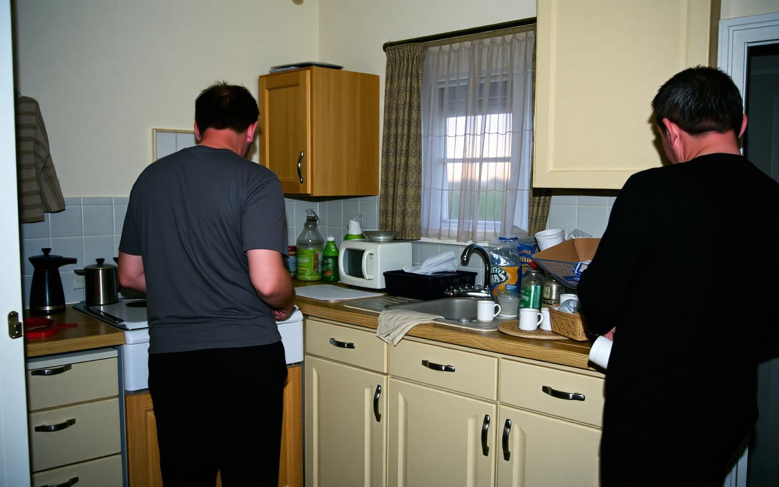 Two men in their late thirties in the kitchen of a Belfast terraced house on a weekday evening, one washing up and the other unpacking shopping, neither facing the camera