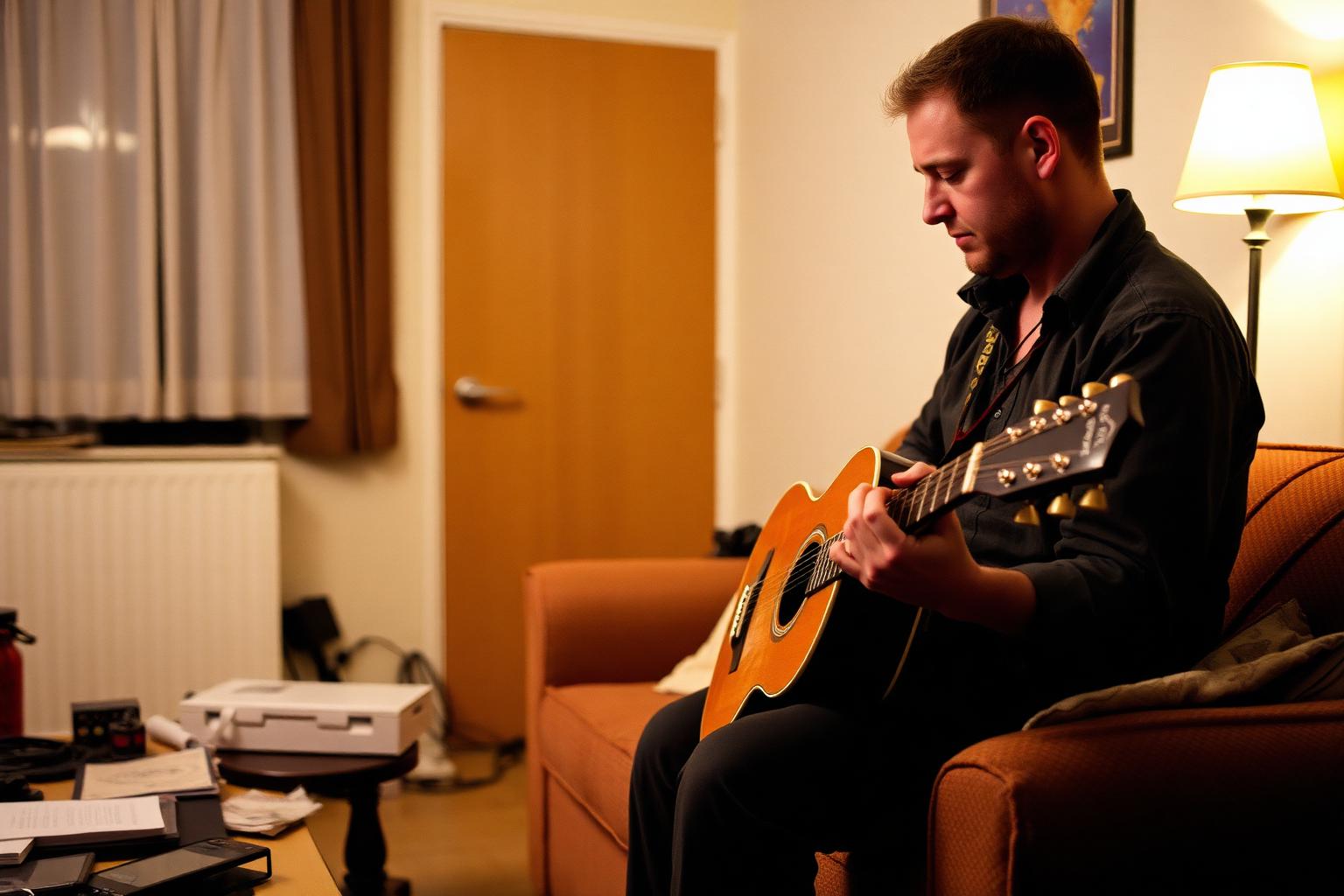 A man in his early thirties home from work, work shirt half undone, playing a battered acoustic guitar on the sofa