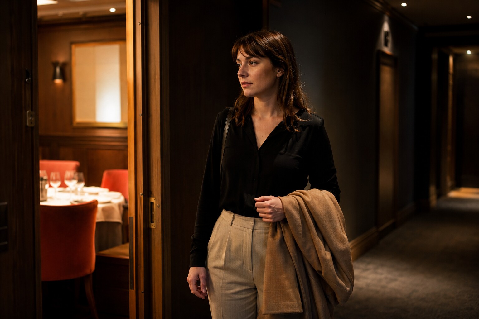 A woman in her late twenties in a dark corridor outside a lit private dining room, coat over her arm