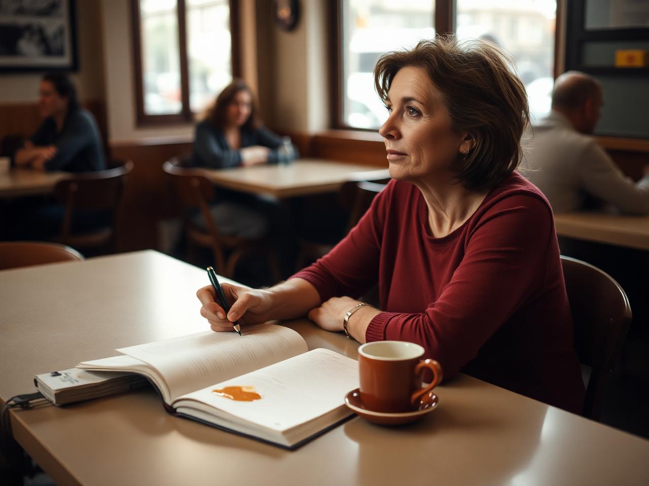 A woman alone at a café table, notebook open, looking away and thinking