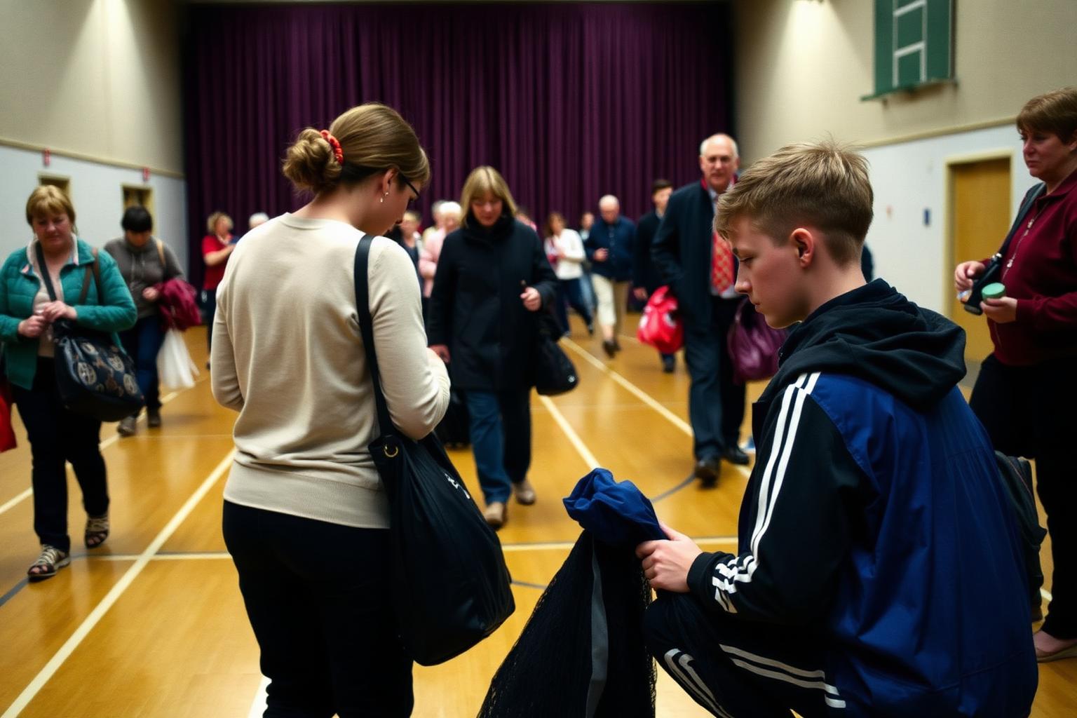 A woman in her late twenties packing away equipment with a young participant at the end of an evening session in a community sports hall