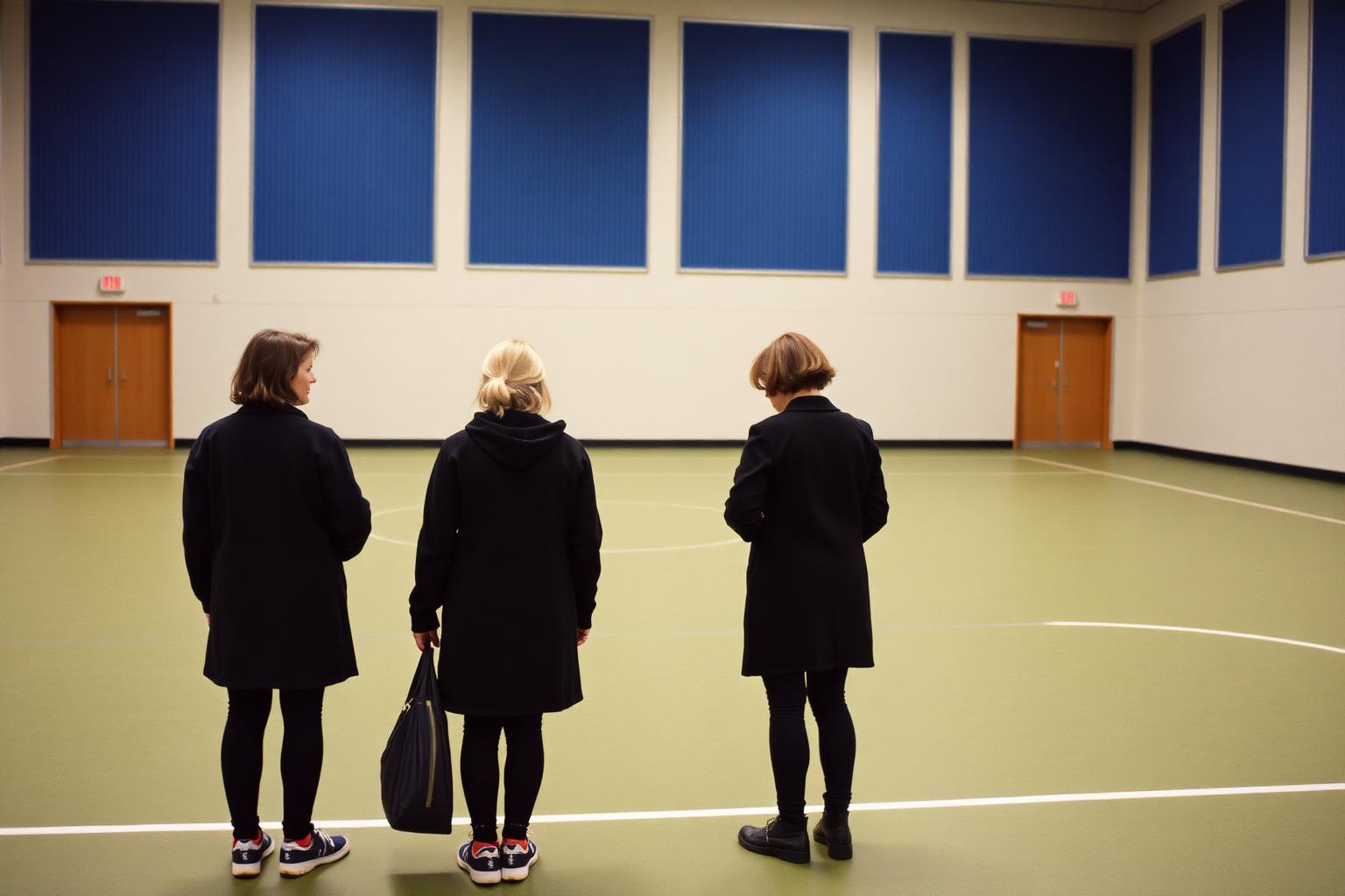 Three women in their late twenties at the edge of a five-a-side pitch in a municipal sports hall