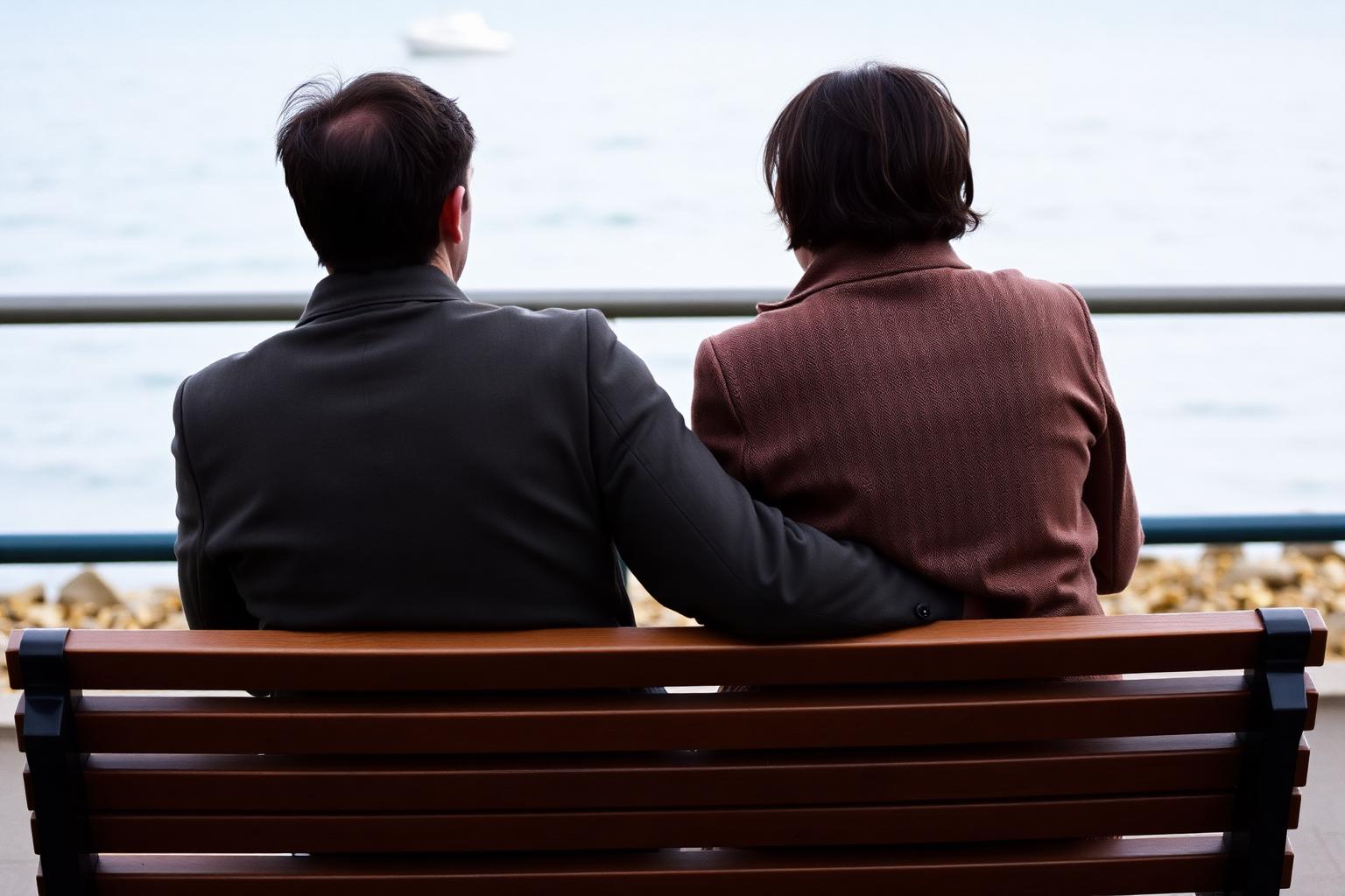 A couple in their thirties sitting slightly apart on a Welsh seafront bench, both looking at grey water