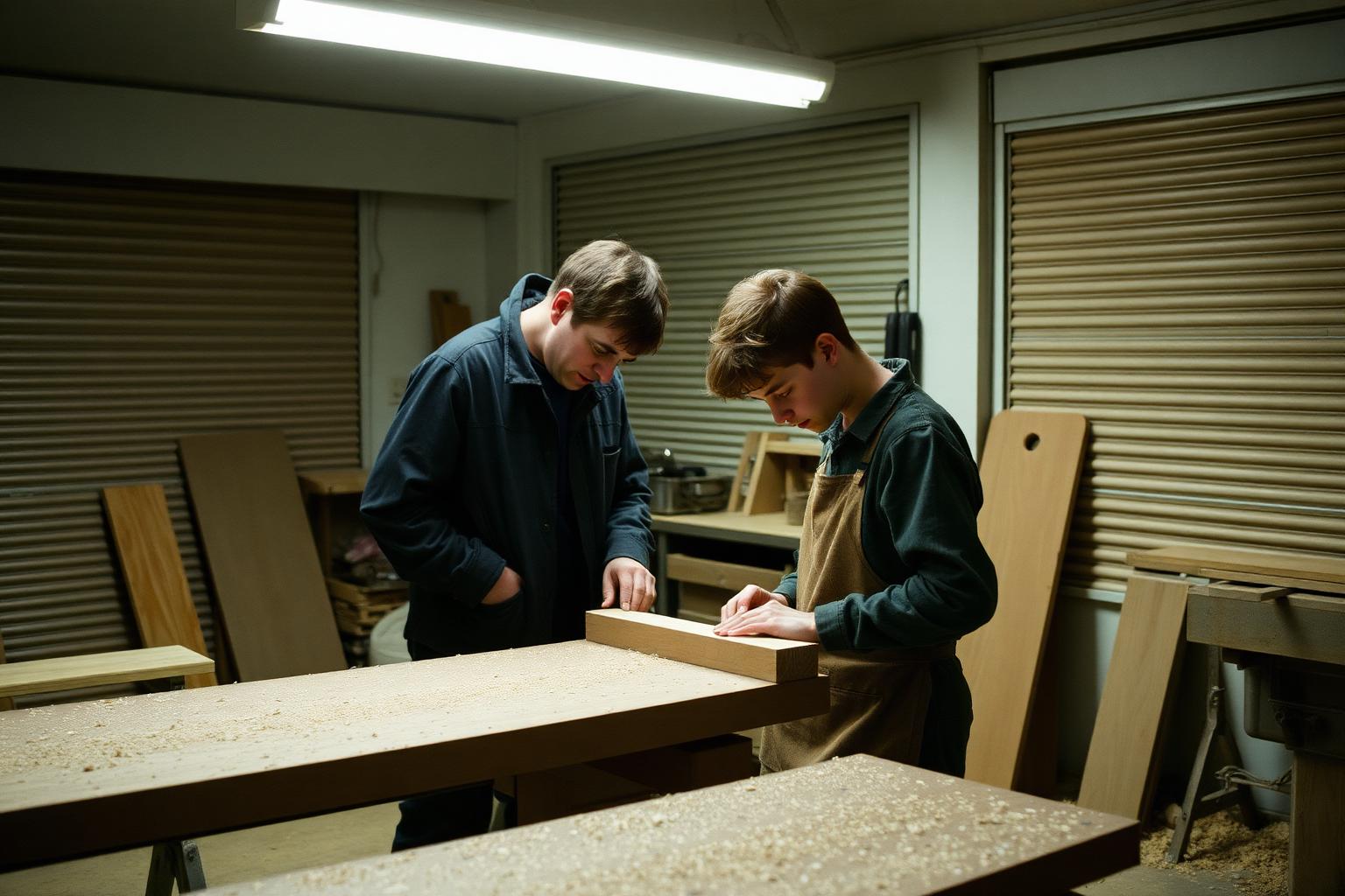 Two people at a workshop bench at closing time, one leaning in while the other puts a mistake right themselves