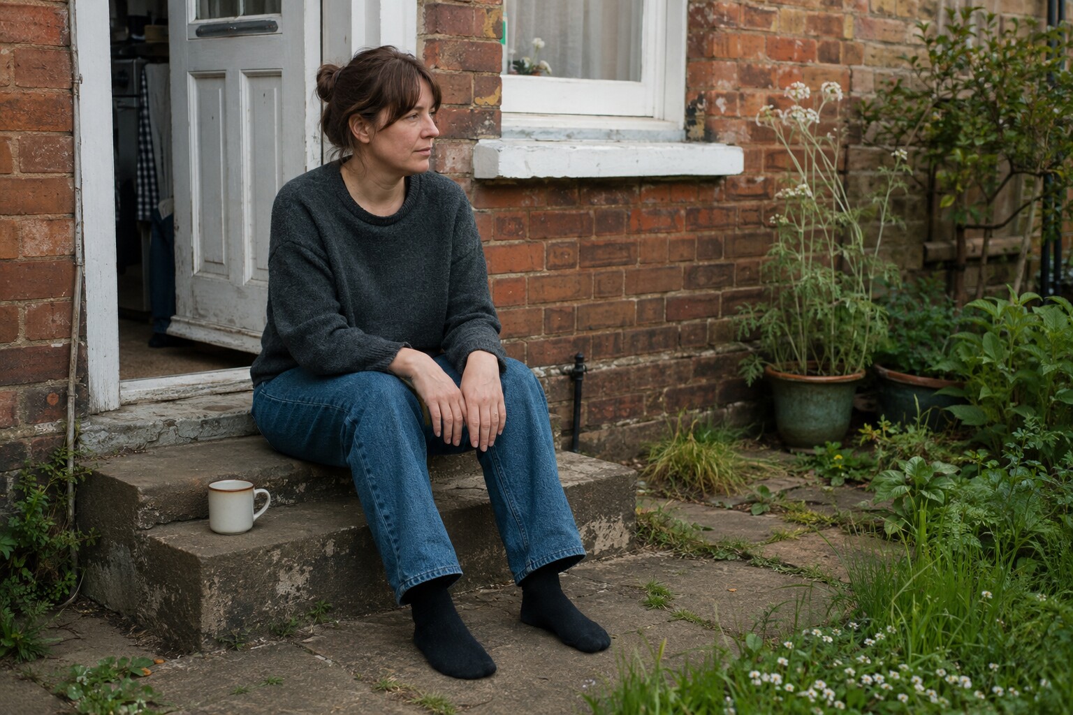 A woman in her early thirties sitting on a back step doing nothing in particular, tea going cold
