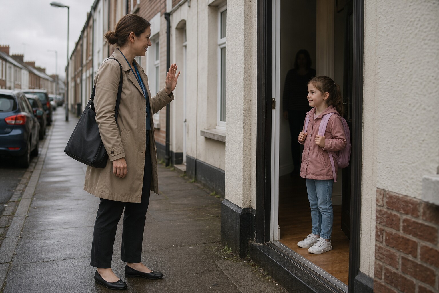 A mother in her thirties leaving her daughter at a childminder's door on a Swansea street, work lanyard round her neck