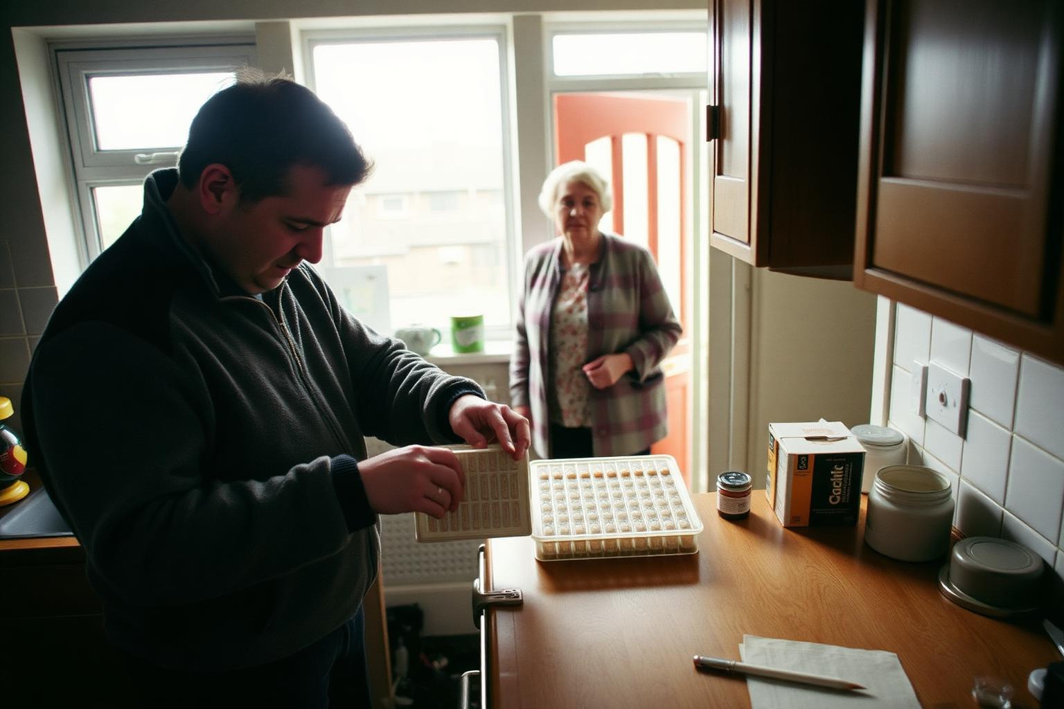 A man in his forties refilling a pill organiser at a kitchen worktop in a Northern Irish terraced house while his mother stands at the back door