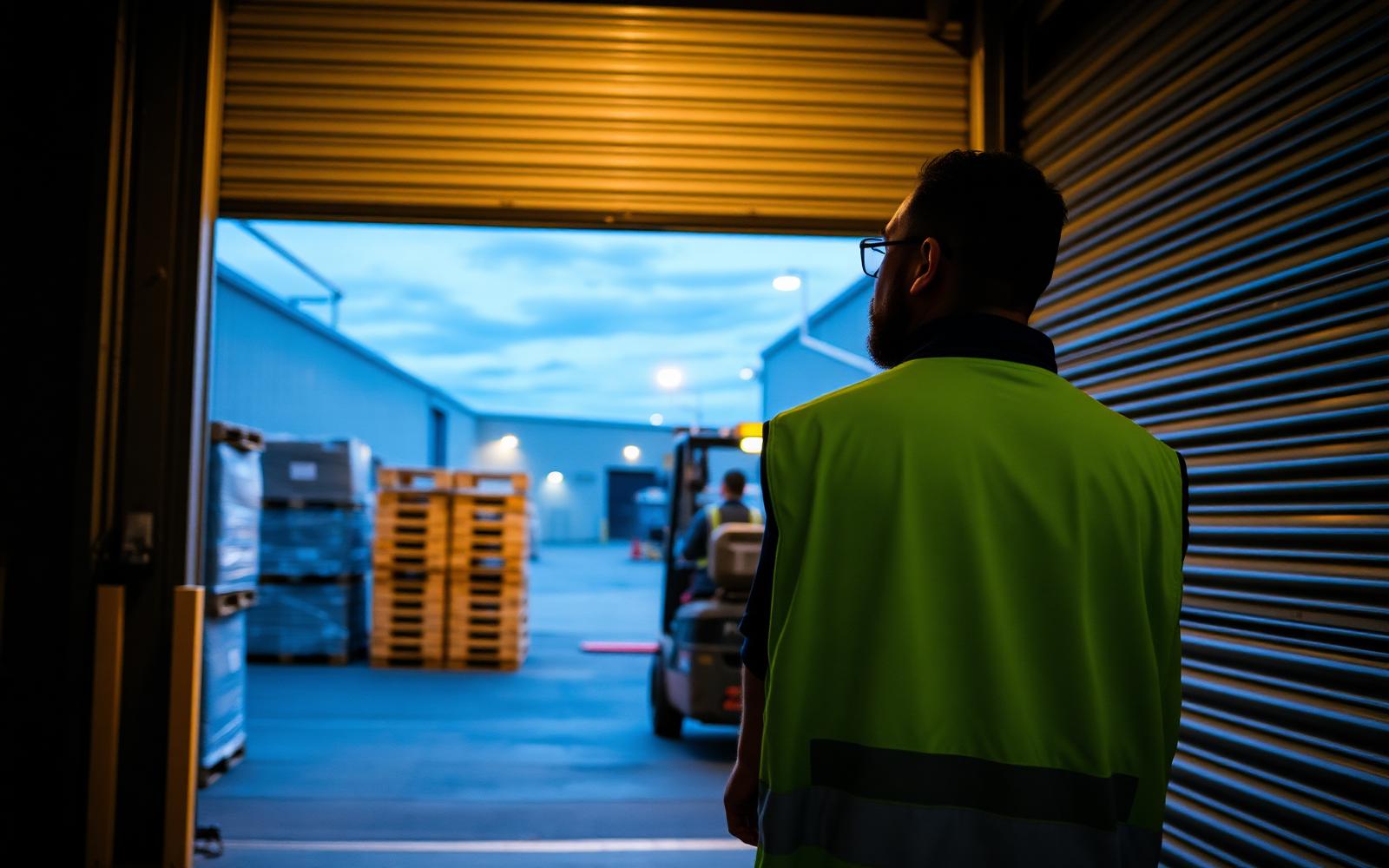 A warehouse team leader in a high visibility vest standing inside a loading bay door at the end of a shift, looking out at the yard