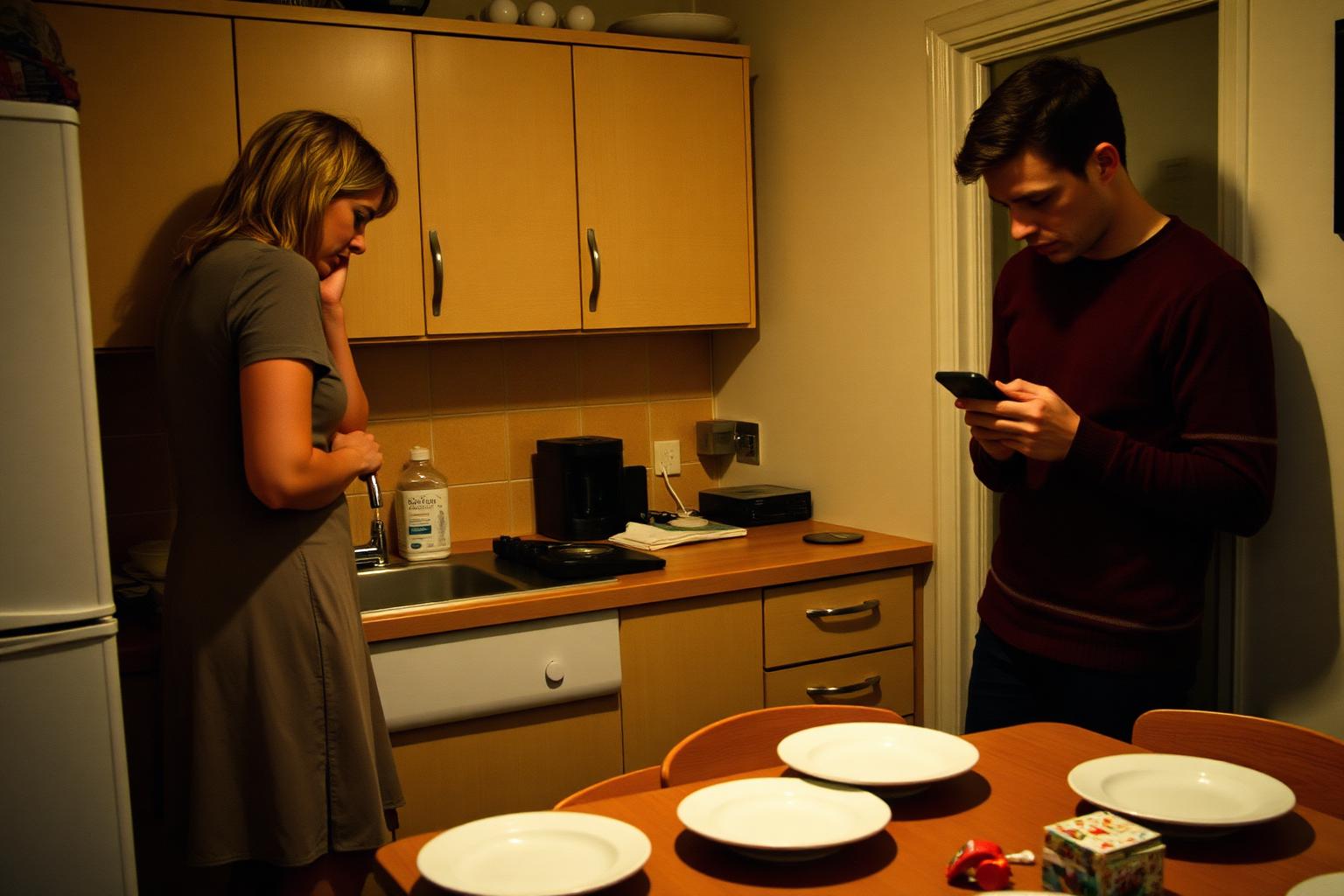 Two people in their thirties in a flat kitchen after eating, one washing up and talking while the other looks at a phone