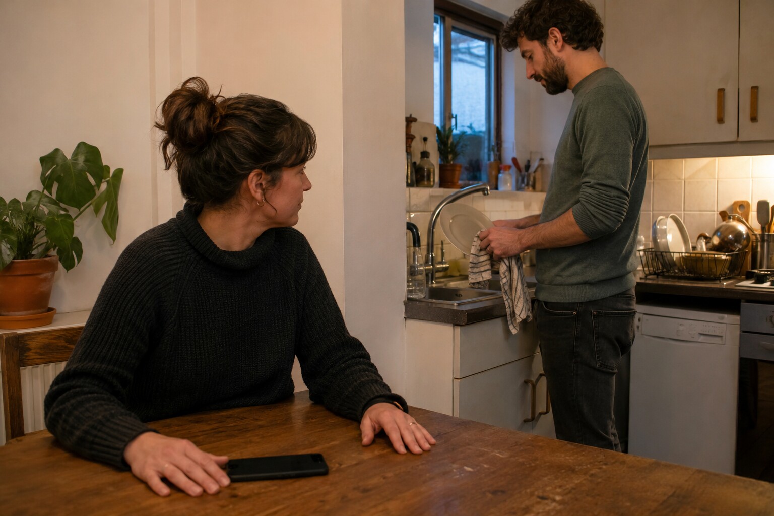 Two people at a kitchen table in the morning, one speaking and the other listening closely over mugs of tea