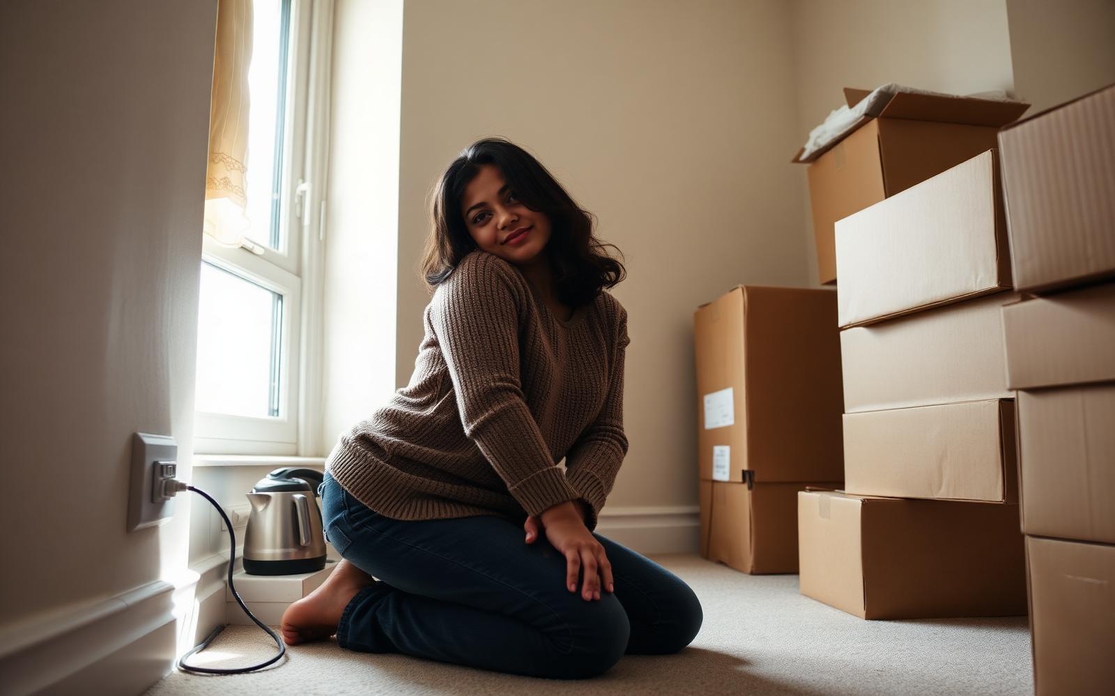 A South Asian woman in her mid thirties kneeling to plug in a kettle in a bare rented flat, boxes unopened