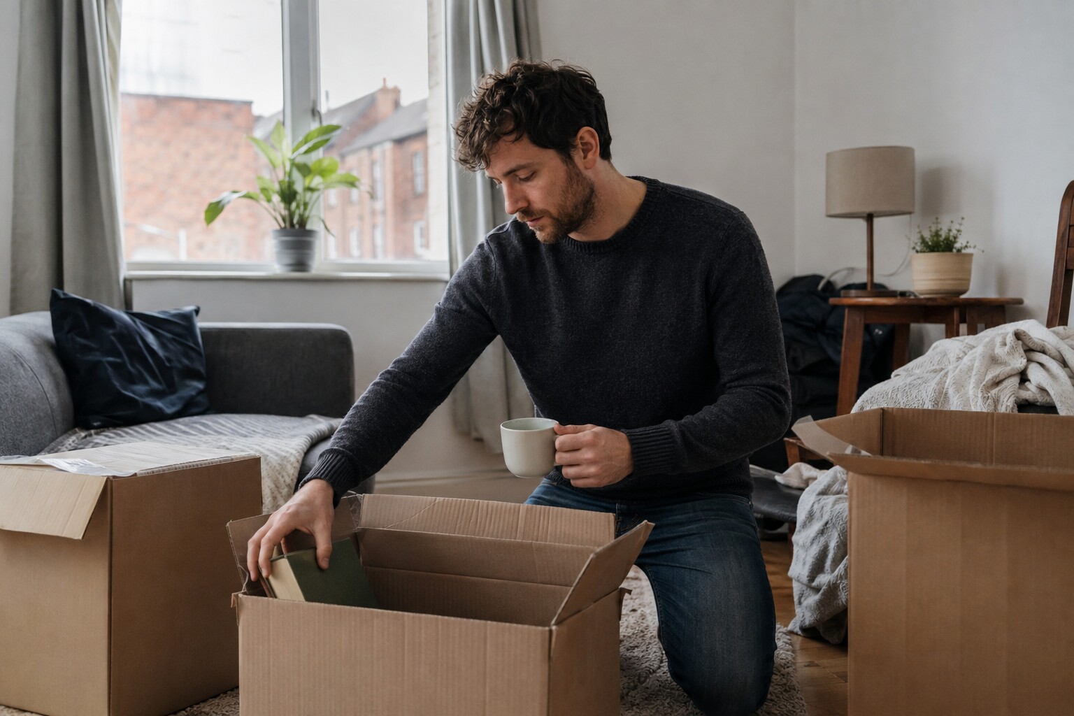 A man in his late twenties kneeling among open boxes during a house move, deciding what goes into one box