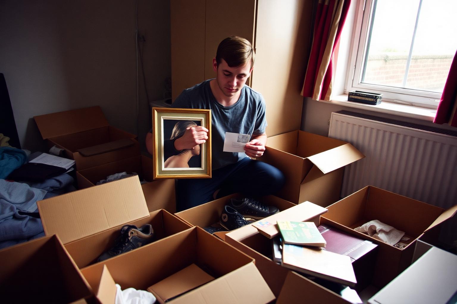 A man in his late twenties kneeling among open boxes during a house move, deciding what goes into one box