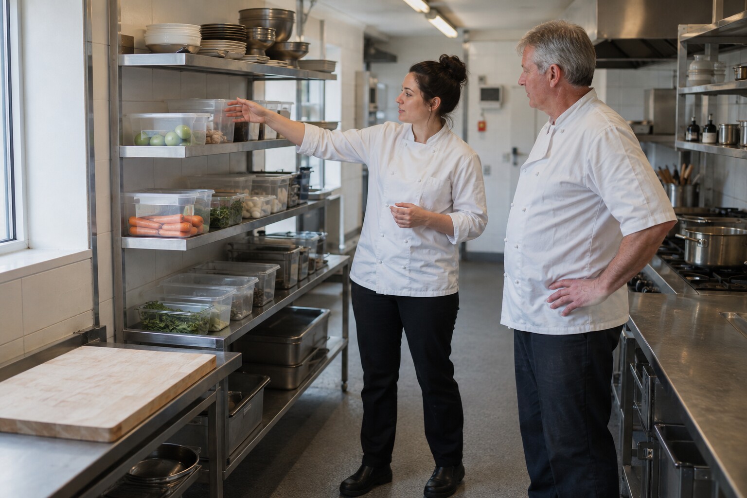 A cook in her twenties showing an older colleague a change she has made to the prep shelves in a restaurant back room