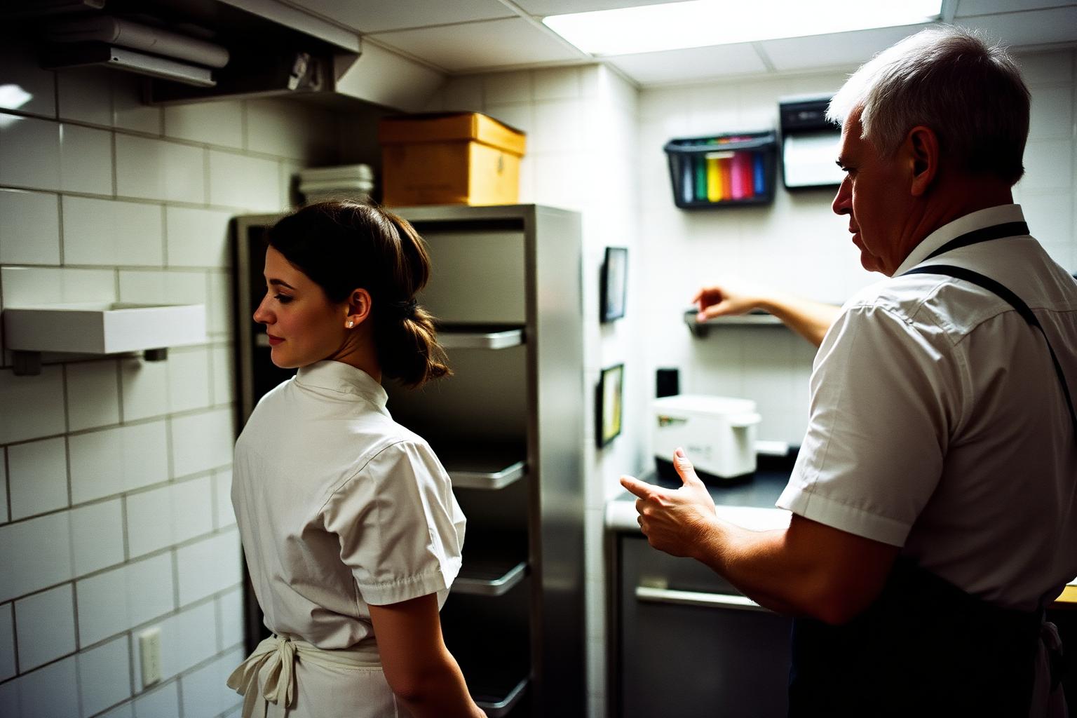 A cook in her twenties showing an older colleague a change she has made to the prep shelves in a restaurant back room