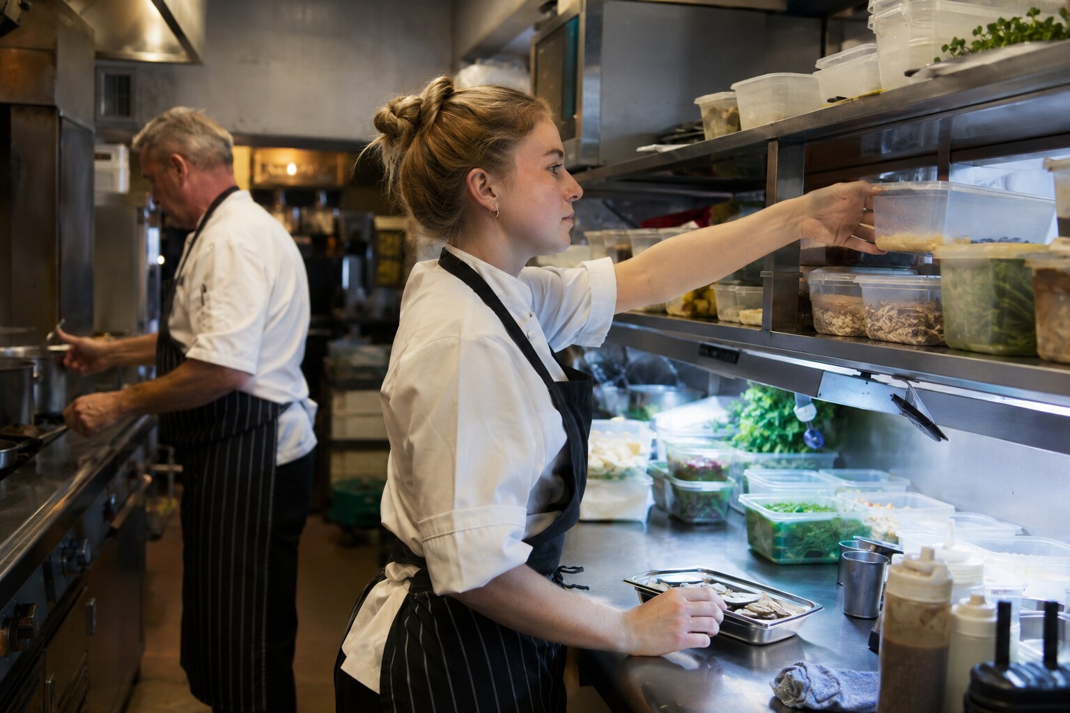 A cook in her twenties showing an older colleague a change she has made to the prep shelves in a restaurant back room