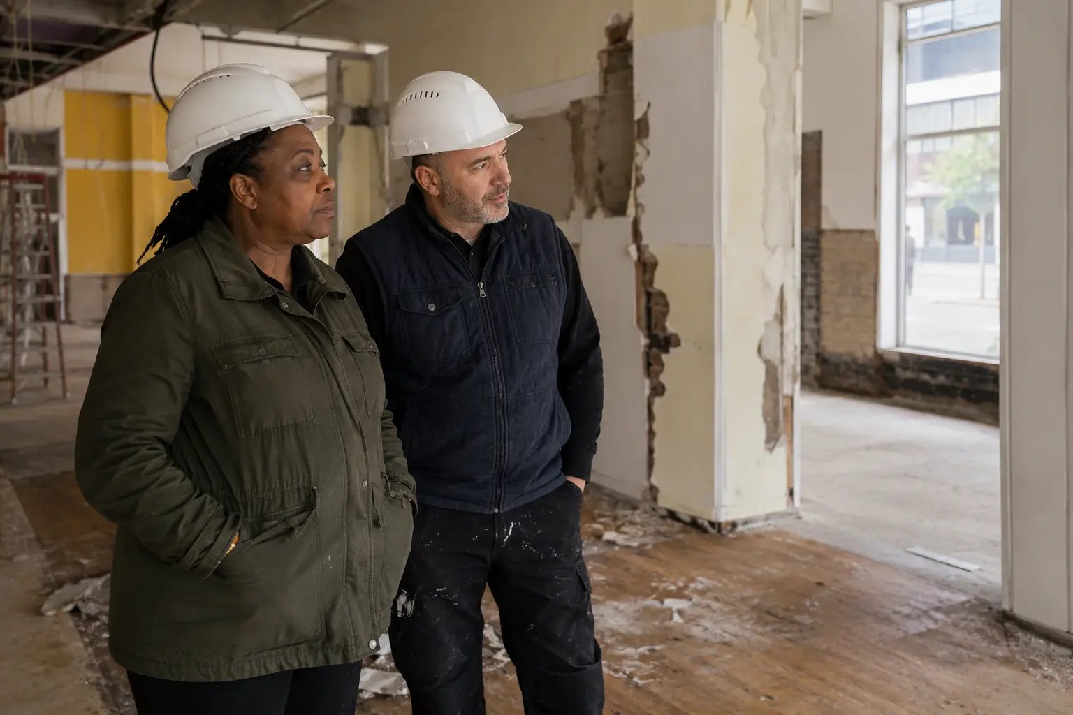 A site supervisor and a colleague in hard hats looking at damage in a stripped-out building
