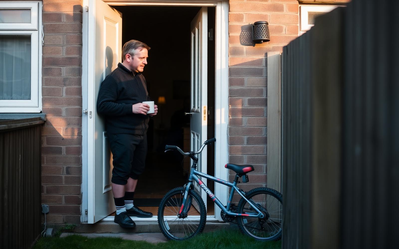 A man in his early forties in a back doorway with a mug, looking at a childs bike on the grass