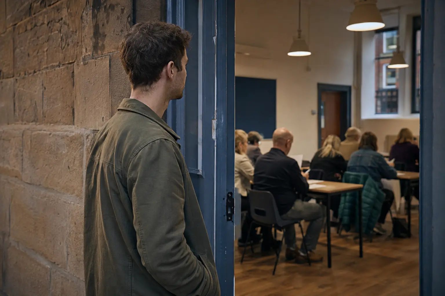 A young man paused in the doorway of an evening adult-education class, not yet going in