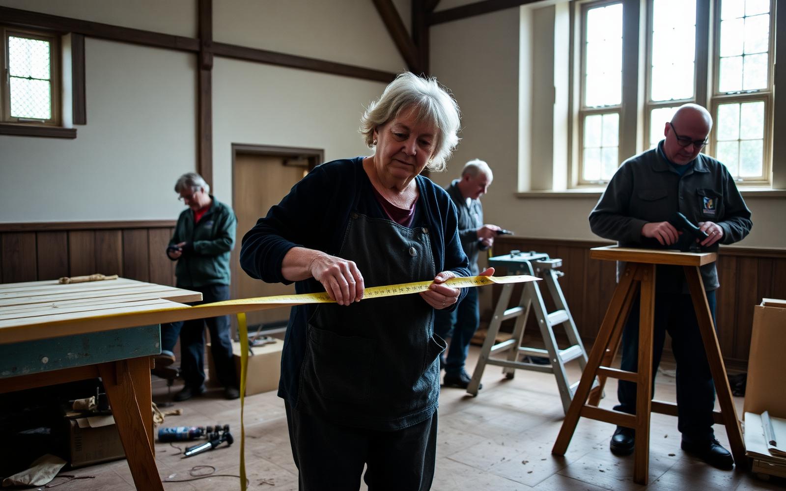 A woman in her late fifties holding a mug in a community hall on a weekday morning, chairs half stacked