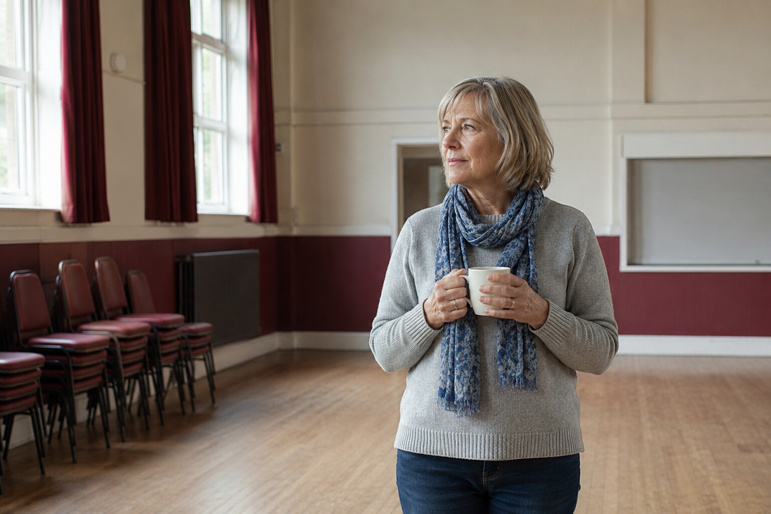 A woman in her late fifties holding a mug in a community hall on a weekday morning, chairs half stacked