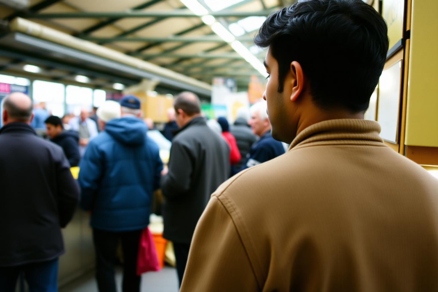 A British Asian man in his late twenties seen from behind, standing apart from a group in a covered Cardiff market
