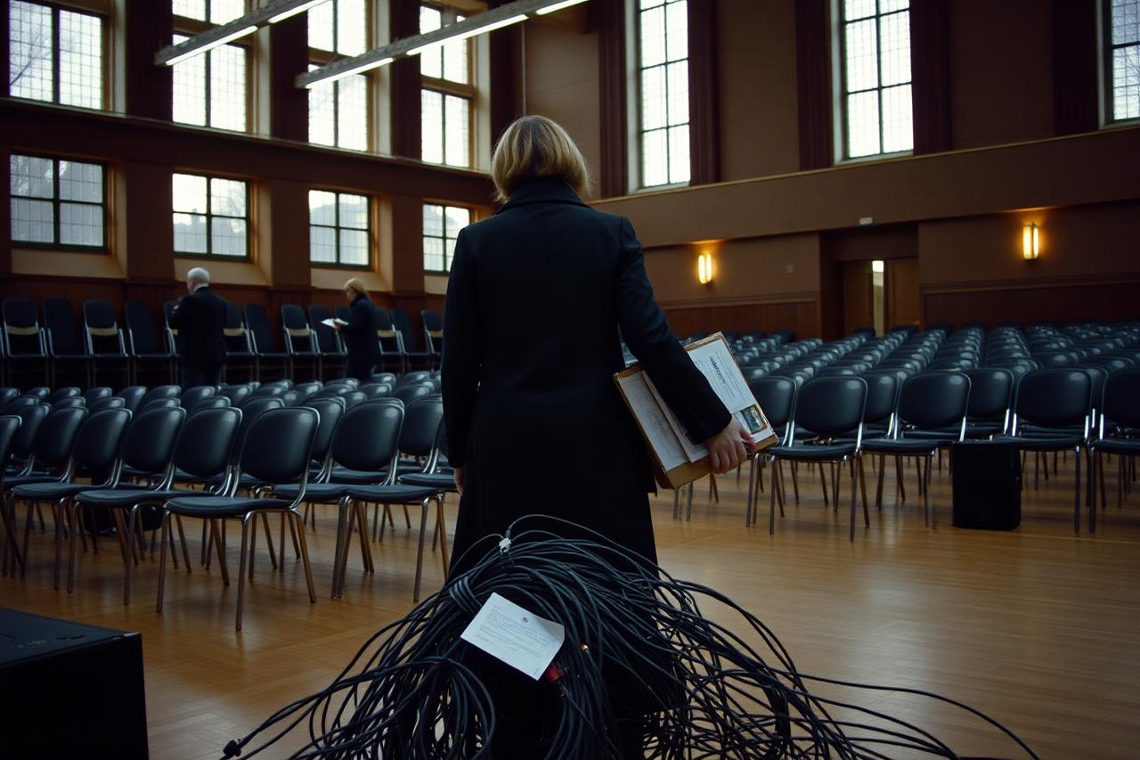 A woman carrying two things at once in a community hall being set up, a tangle of equipment left unattended
