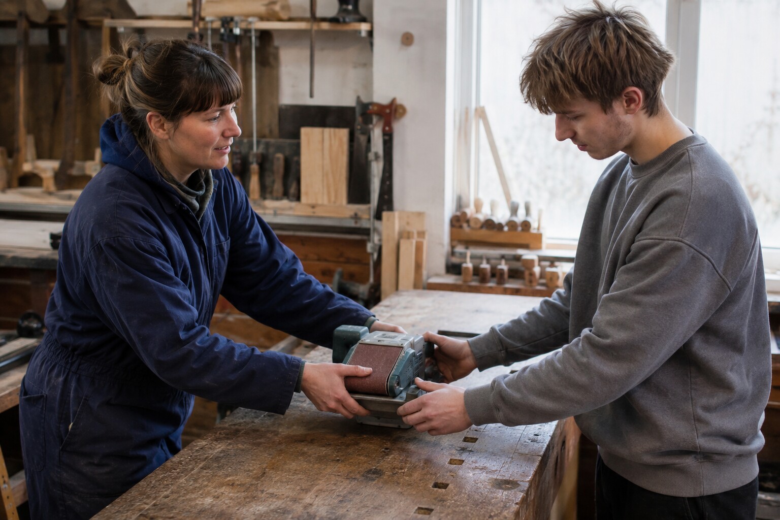 A woman in her thirties handing a bench machine over to a younger person in a community workshop