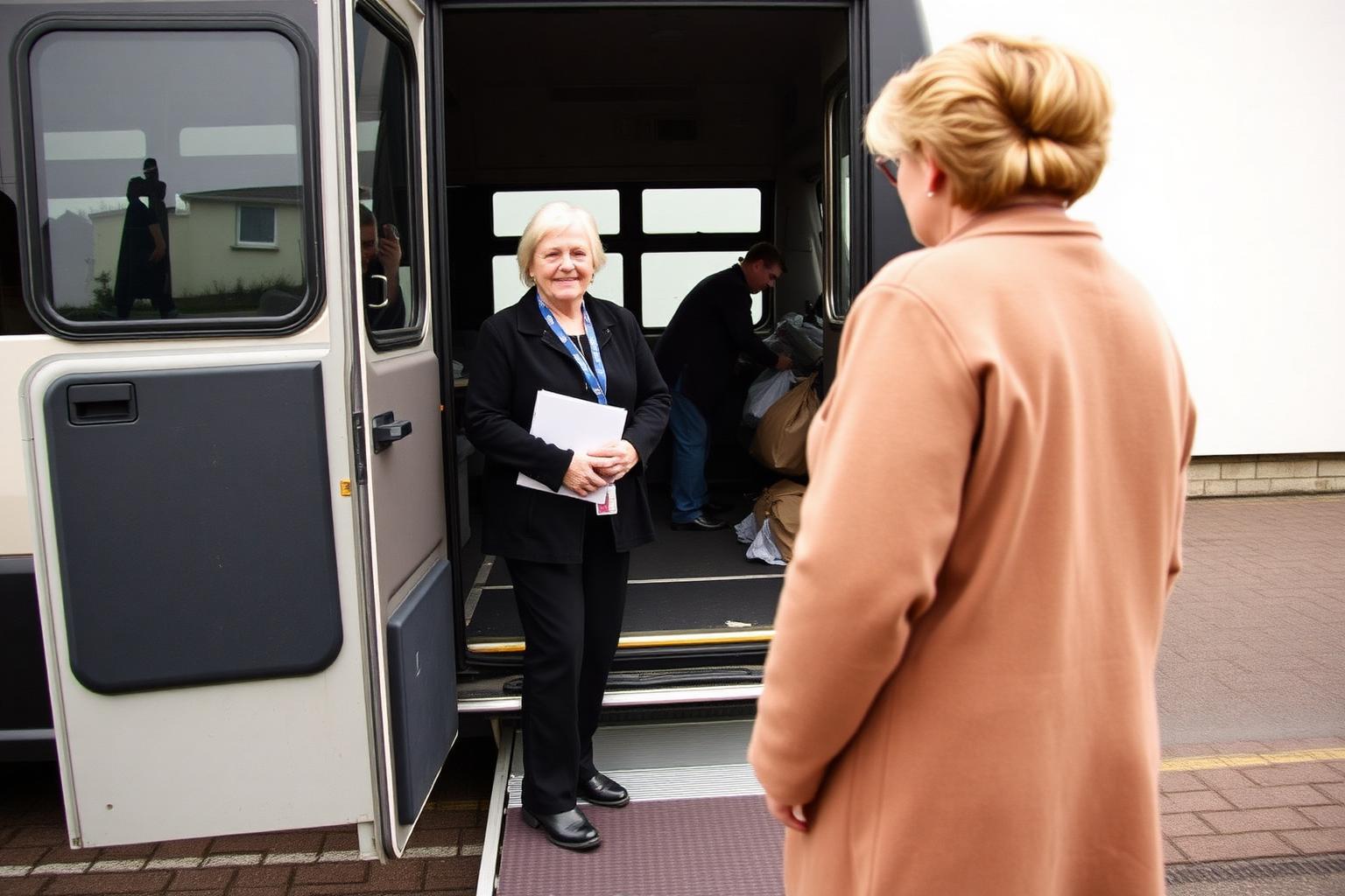 A volunteer waiting at the open door of a community minibus with the ramp down