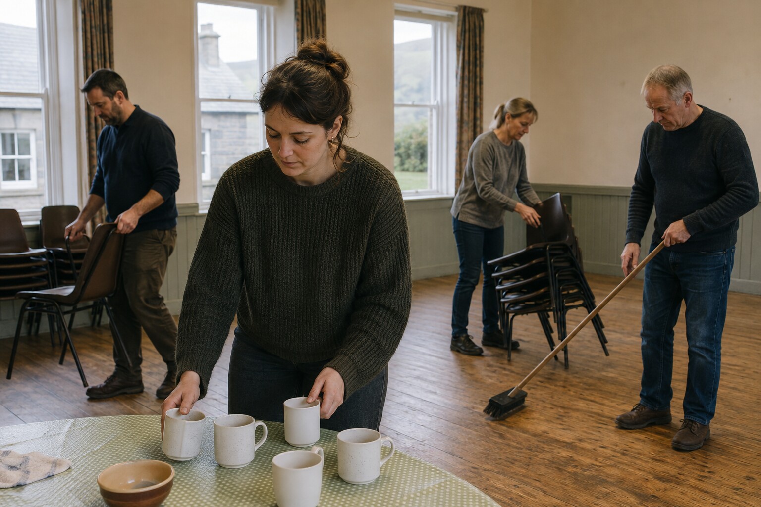 A woman in her late twenties clearing cups at the end of a coffee morning in a rural Scottish village hall