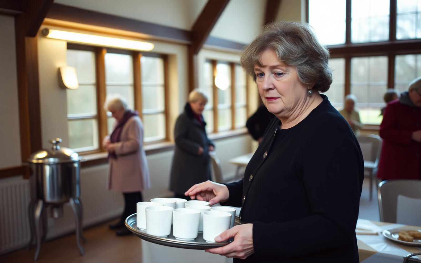 A woman in her fifties clearing cups at the end of a coffee morning in a rural Scottish village hall, others putting coats on behind her