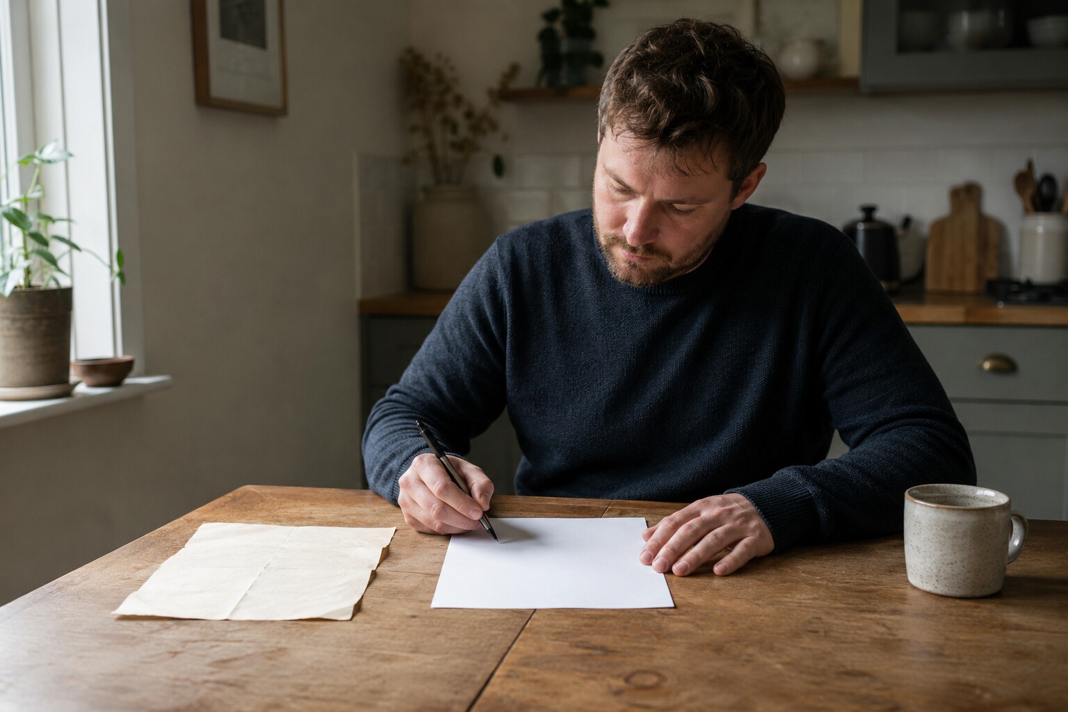 A man in his thirties writing at a wooden kitchen table in morning light, a mug beside him