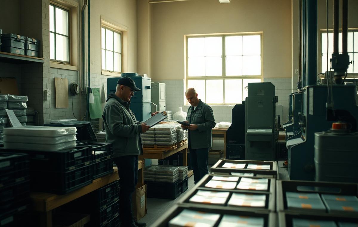 Two people checking finished stock beside packing crates in a small manufacturing workshop