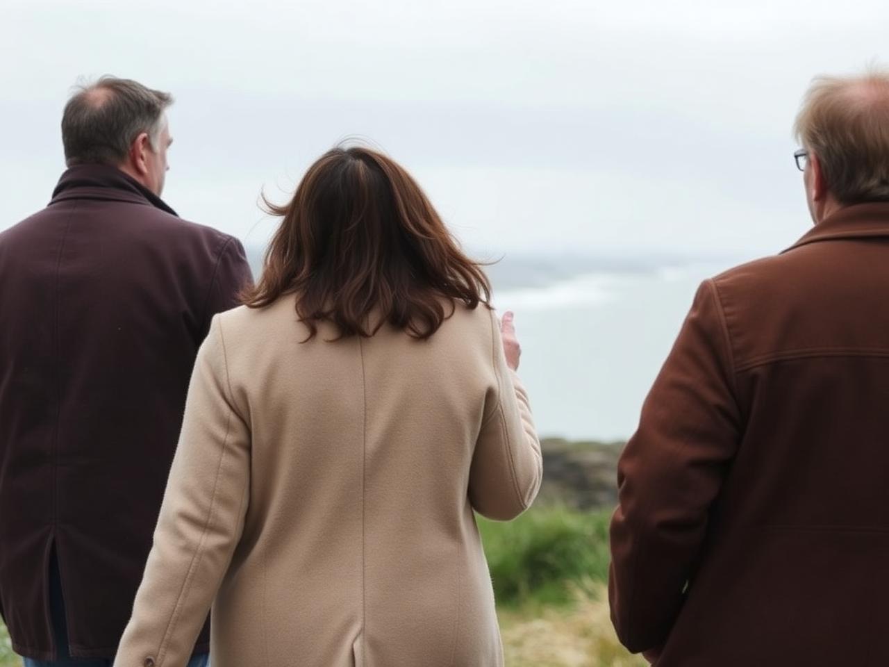 Three friends walking together along a coastal path, mid-conversation