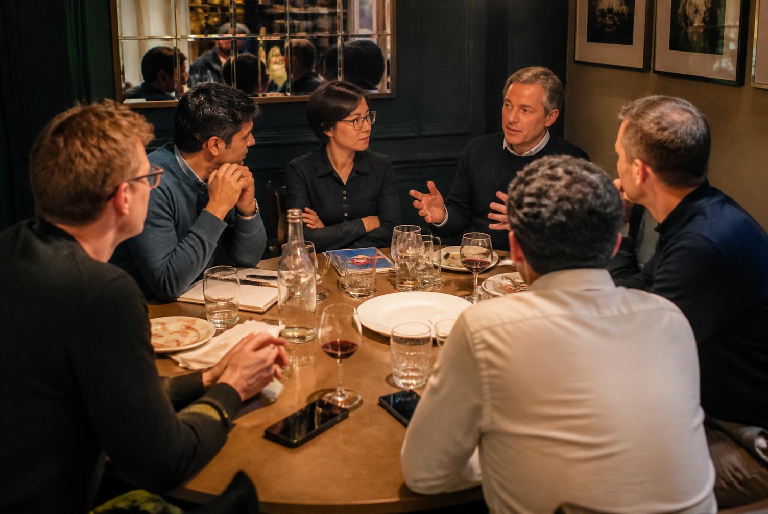 Six people in an evening working discussion around a private dining table in London